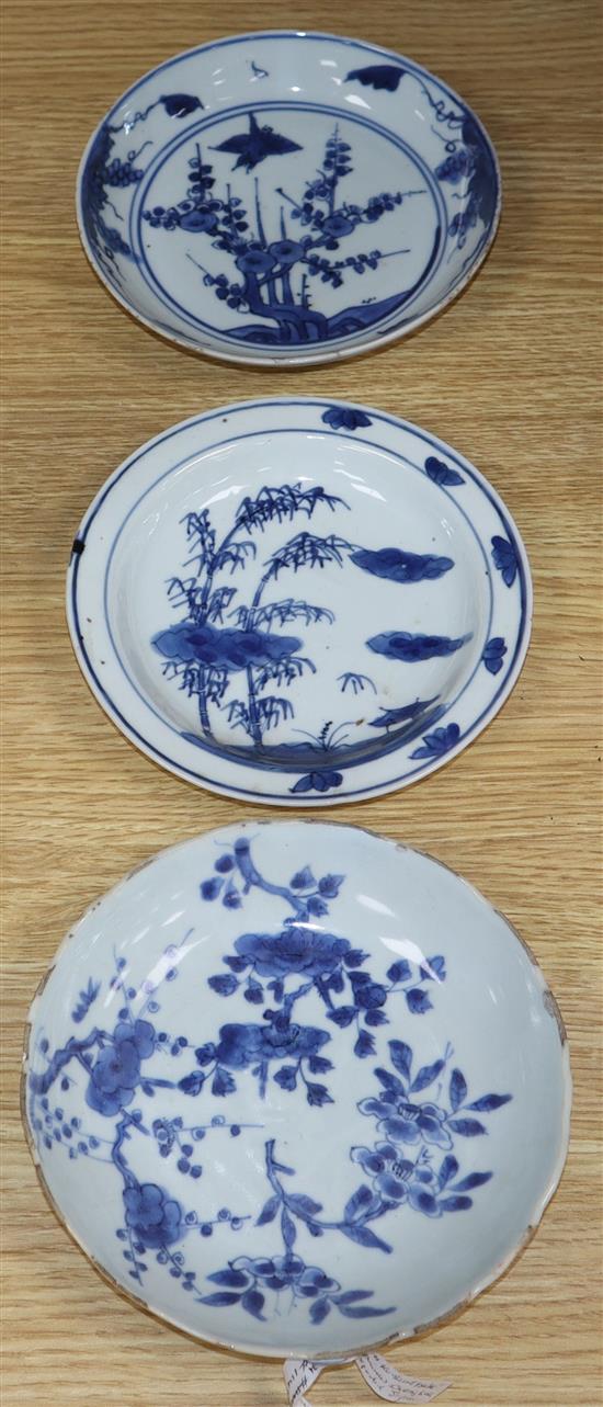 Three Chinese blue and white dishes, Transitional period, c.1640